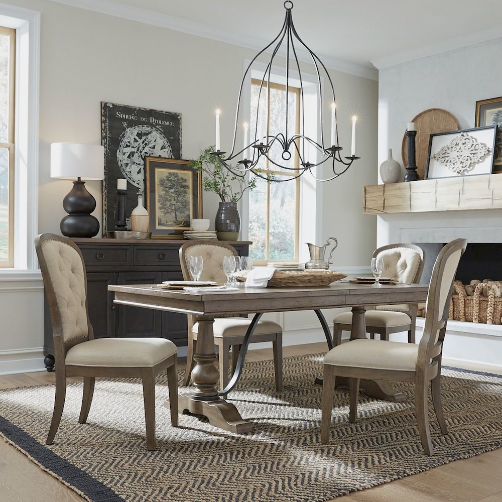 Americana Farmhouse Optional 5 Piece Trestle Table Set - 4 Tufted Back Chairs