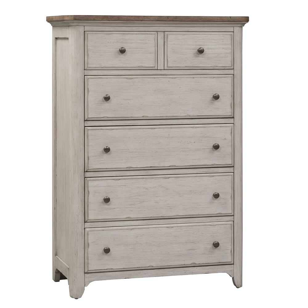 Farmhouse Reimagined 5 Drawer Chest in Antique White w/ Chestnut Top