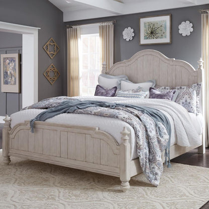Farmhouse Reimagined Queen Poster Bed in Antique White w/ Chestnut Top