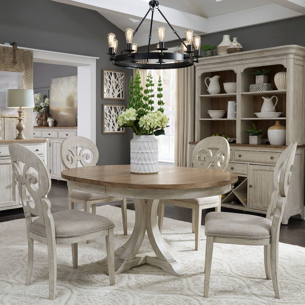 Reimagined 5 Piece Pedestal Table Set - 4 Splat Back Chairs, 12" Table Leaf