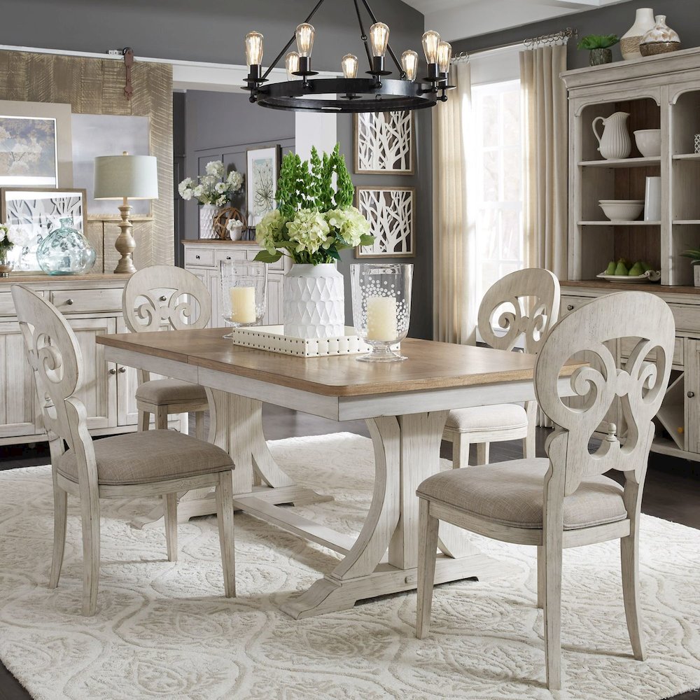 Reimagined 7 Piece Trestle Table Set - 6 Splat Back Chairs, 18" Leaf - Antique