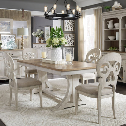 Reimagined 7 Piece Trestle Table Set - 6 Splat Back Chairs, 18" Leaf - Antique