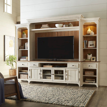 Reimagined Entertainment Center with Piers - Antique White with Chestnut Tops
