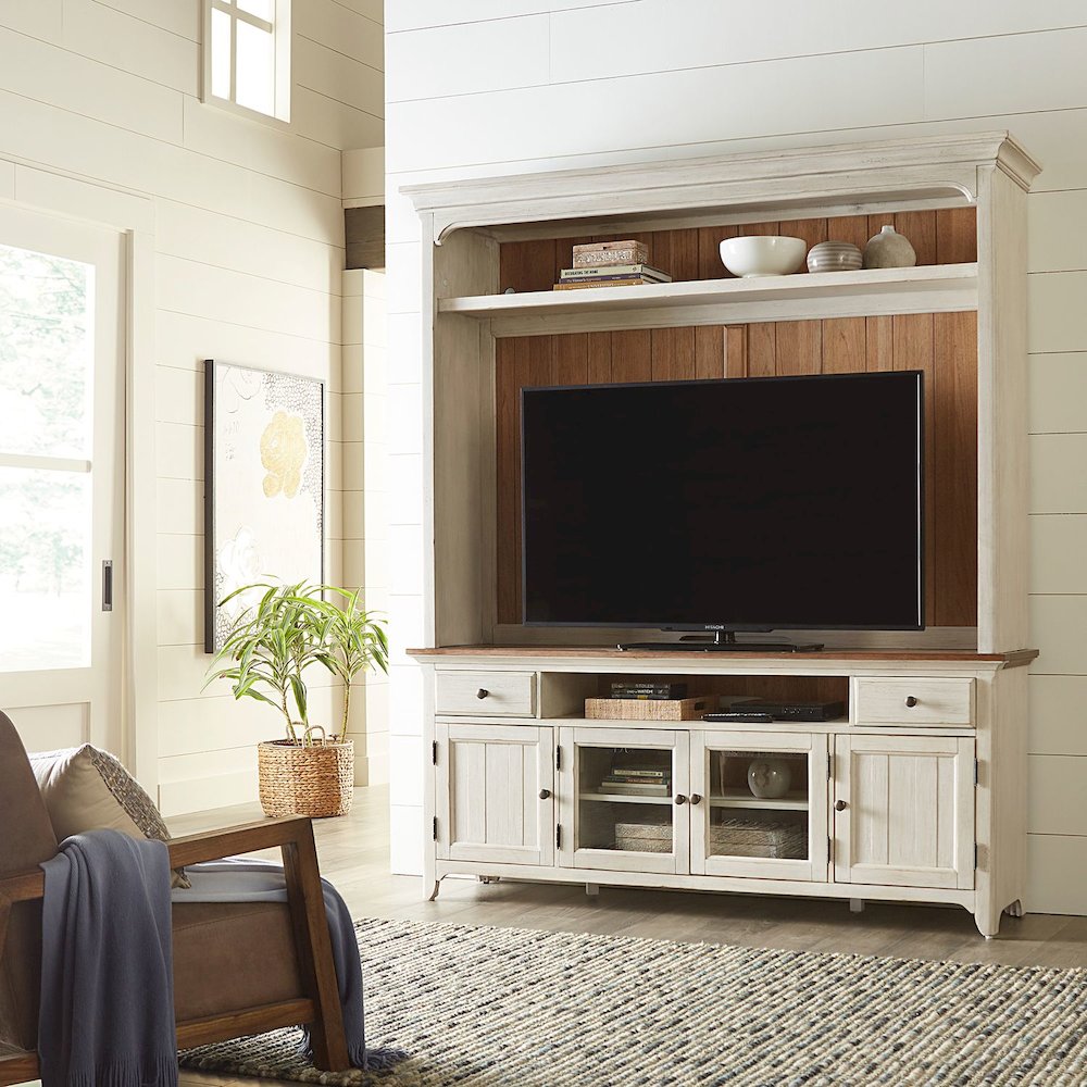 Farmhouse Reimagined Entertainment Center - Antique White with Chestnut Tops