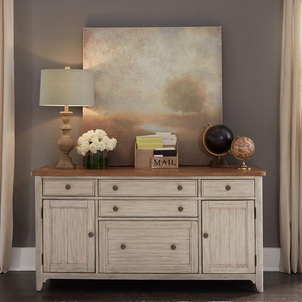 Farmhouse Reimagined Door Credenza in Antique White w/ Chestnut Top