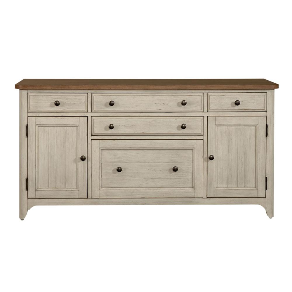 Farmhouse Reimagined Door Credenza in Antique White w/ Chestnut Top