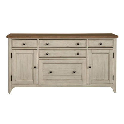 Farmhouse Reimagined Door Credenza in Antique White w/ Chestnut Top