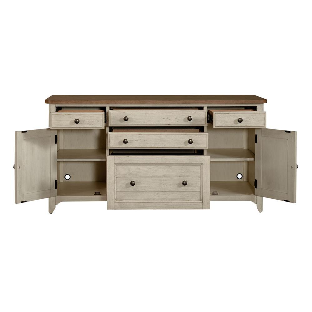 Farmhouse Reimagined Door Credenza in Antique White w/ Chestnut Top