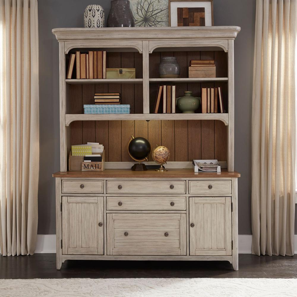 Farmhouse Reimagined 3 Piece Desk & Hutch Set in Antique White w/ Chestnut Top