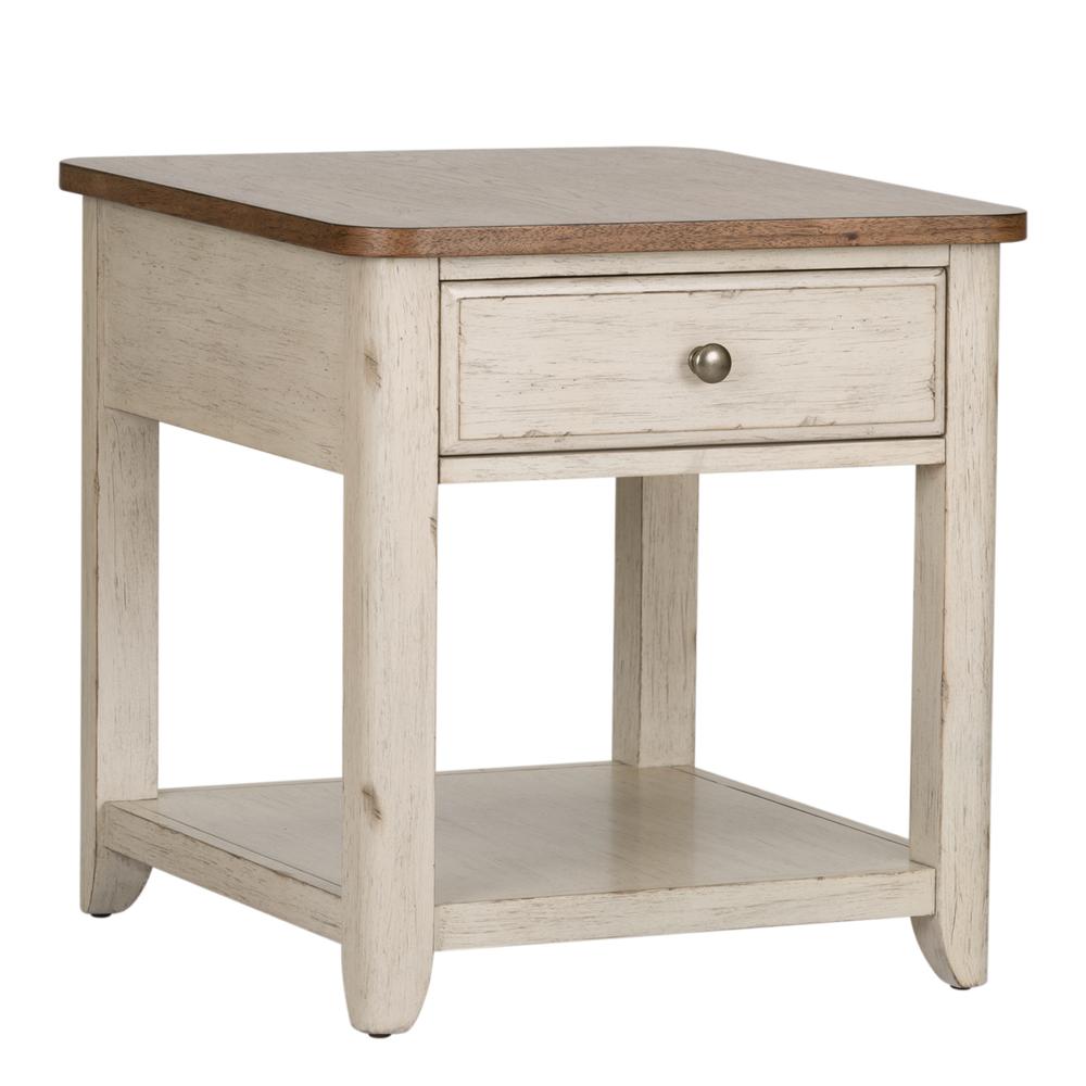 Farmhouse Reimagined End Table with Basket in Antique White w/ Chestnut Top
