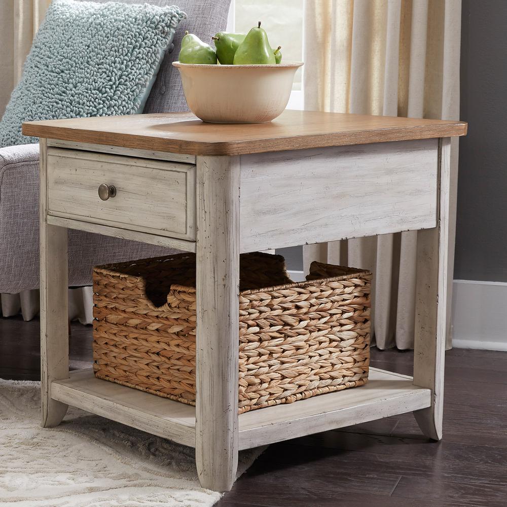 Farmhouse Reimagined End Table with Basket in Antique White w/ Chestnut Top