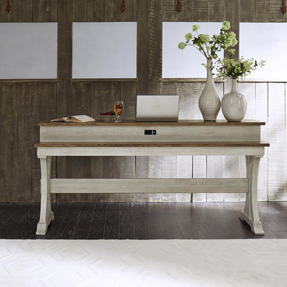 Farmhouse Reimagined Console Bar Table in Antique White w/ Chestnut Top