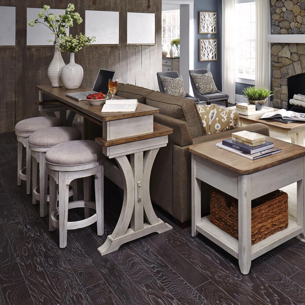 Farmhouse Reimagined Console Bar Table in Antique White w/ Chestnut Top