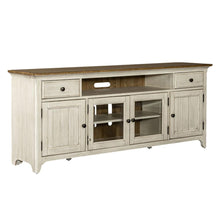 Farmhouse Reimagined Entertainment TV Stand in Antique White w/ Chestnut Top