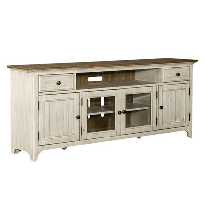 Farmhouse Reimagined Entertainment TV Stand in Antique White w/ Chestnut Top