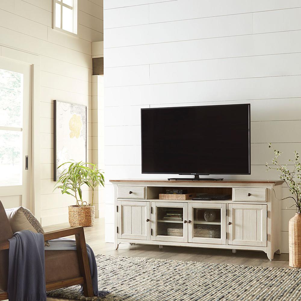 Farmhouse Reimagined Entertainment TV Stand in Antique White w/ Chestnut Top