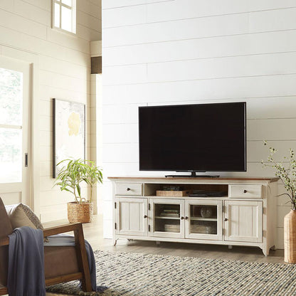 Farmhouse Reimagined Entertainment TV Stand in Antique White w/ Chestnut Top