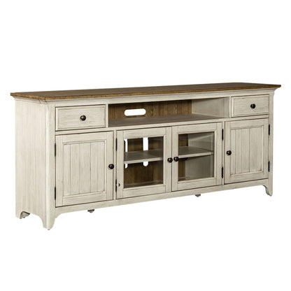 Farmhouse Reimagined Entertainment Center - Antique White with Chestnut Tops