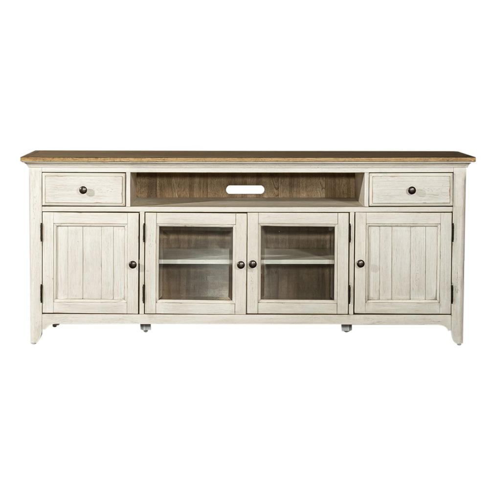 Farmhouse Reimagined Entertainment TV Stand in Antique White w/ Chestnut Top