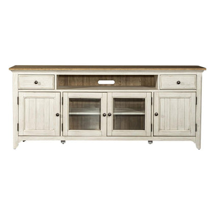 Farmhouse Reimagined Entertainment TV Stand in Antique White w/ Chestnut Top
