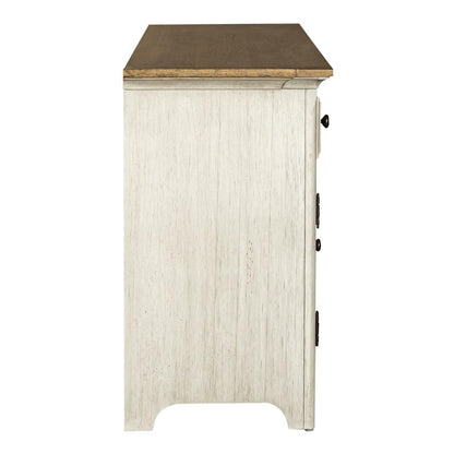 Farmhouse Reimagined Entertainment TV Stand in Antique White w/ Chestnut Top