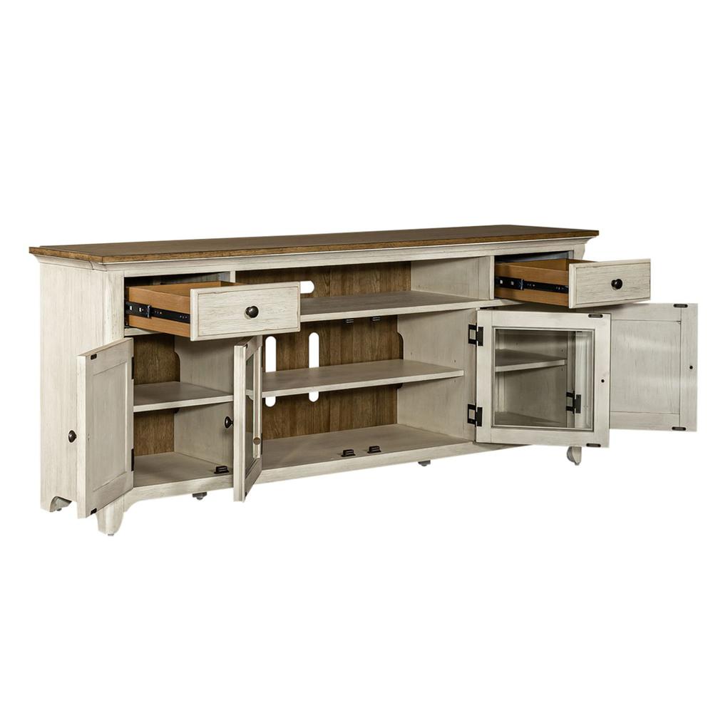 Farmhouse Reimagined Entertainment TV Stand in Antique White w/ Chestnut Top