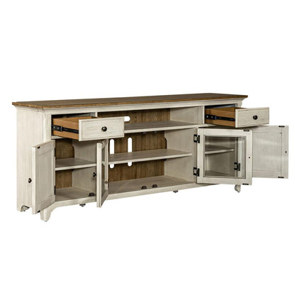 Farmhouse Reimagined Entertainment TV Stand in Antique White w/ Chestnut Top