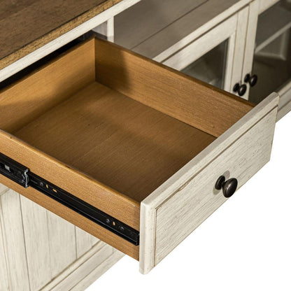 Farmhouse Reimagined Entertainment TV Stand in Antique White w/ Chestnut Top