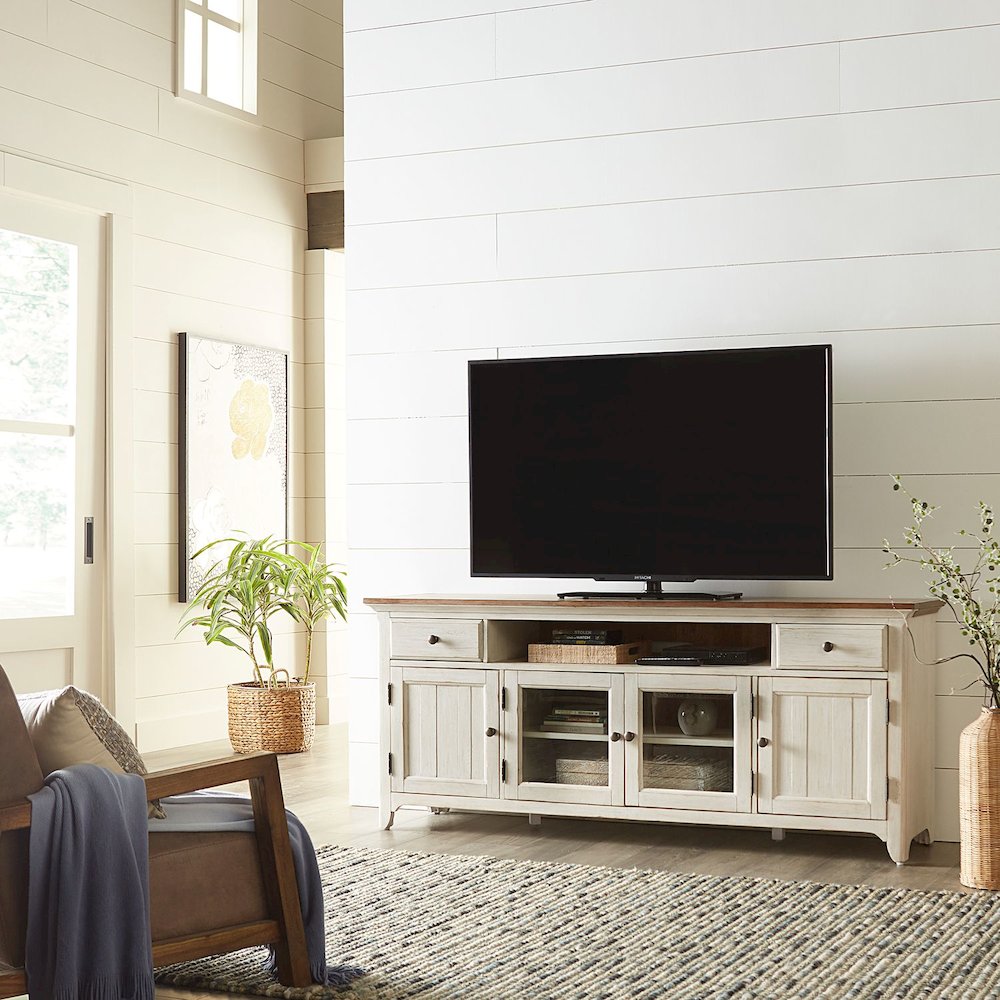 Reimagined Entertainment Center with Piers - Antique White with Chestnut Tops