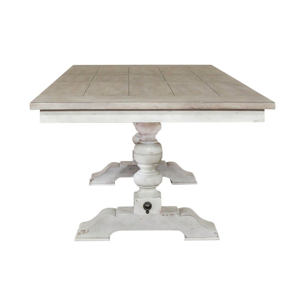 Whitney 7 Piece Trestle Table Set - Antique Linen w/ Weathered Gray