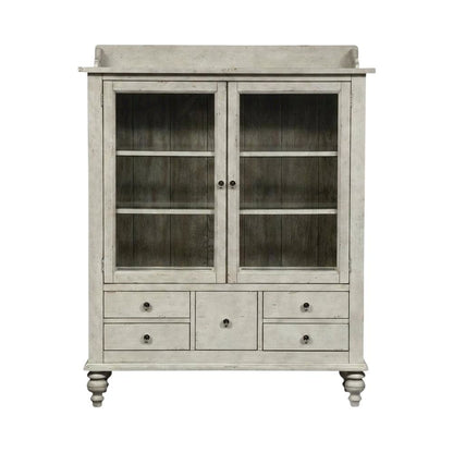 Oak Veneer Curio Cabinet with Glass Doors and Built-In Lighting, White