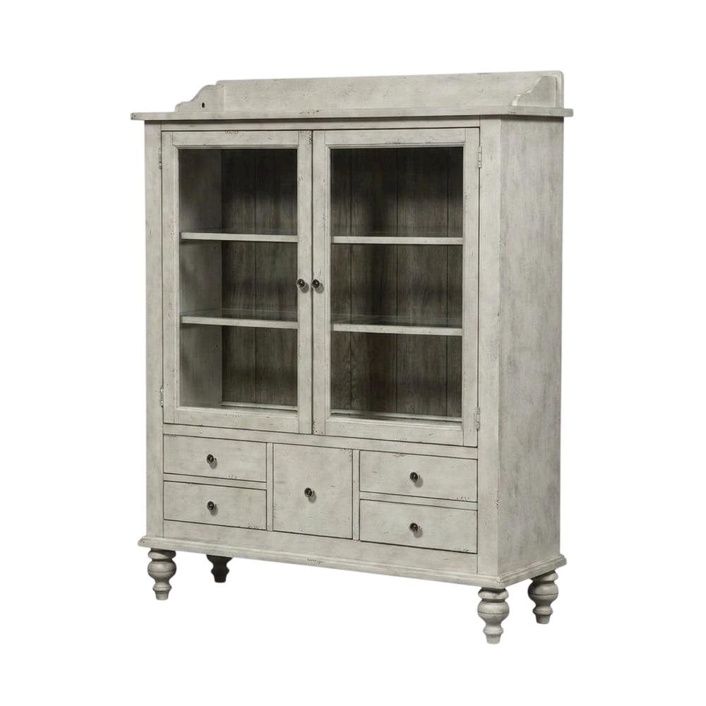 Oak Veneer Curio Cabinet with Glass Doors and Built-In Lighting, White
