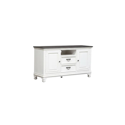 White Wirebrushed TV Console with Charcoal Top in Cottage Style