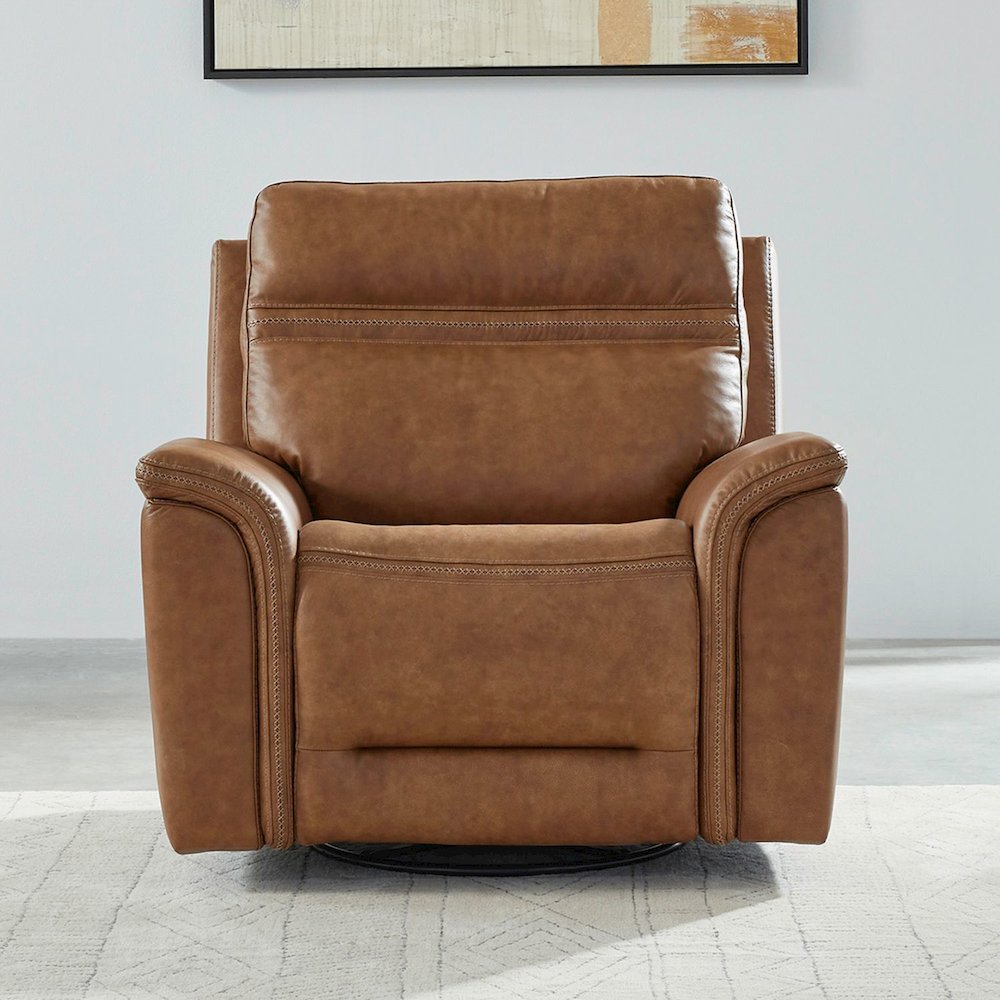 Cooper Swivel Glide Power Recliner, Power Headrest, Lumbar in Camel Leather