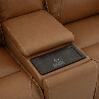 Power Recline Loveseat with Console, Charging Ports - York Butternut Leather
