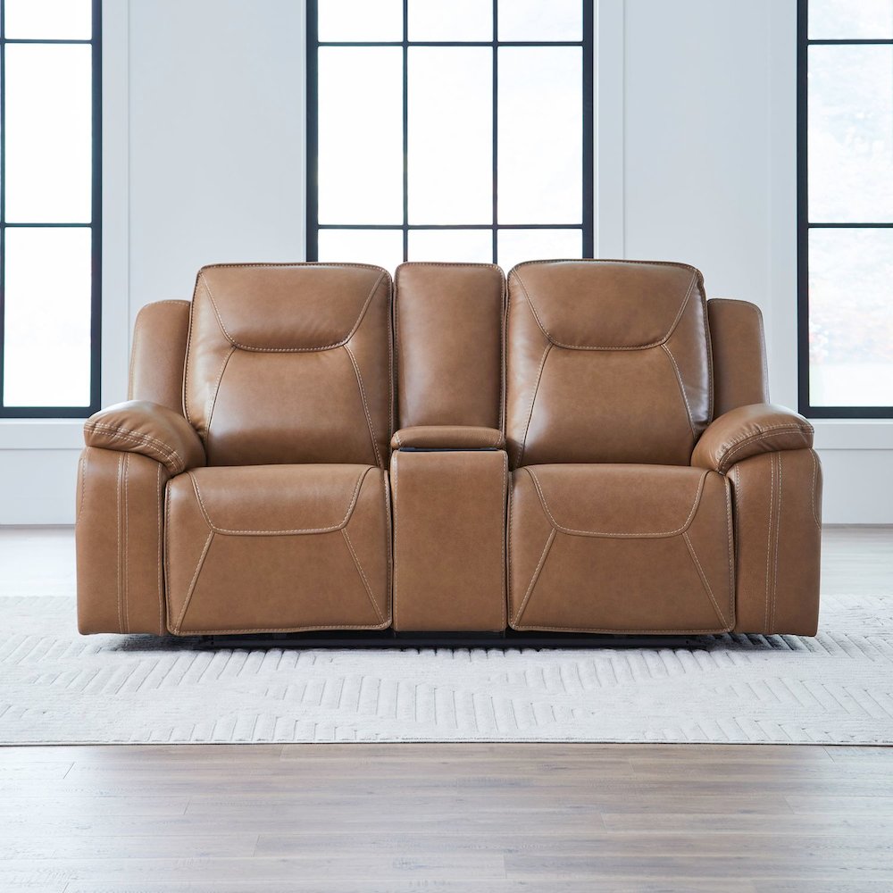 Power Recline Loveseat with Console, Charging Ports - York Butternut Leather