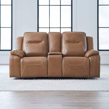 Power Recline Loveseat with Console, Charging Ports - York Butternut Leather