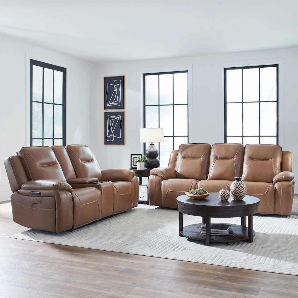 Power Recline Sofa & Loveseat with Charging Ports - York Butternut Leather