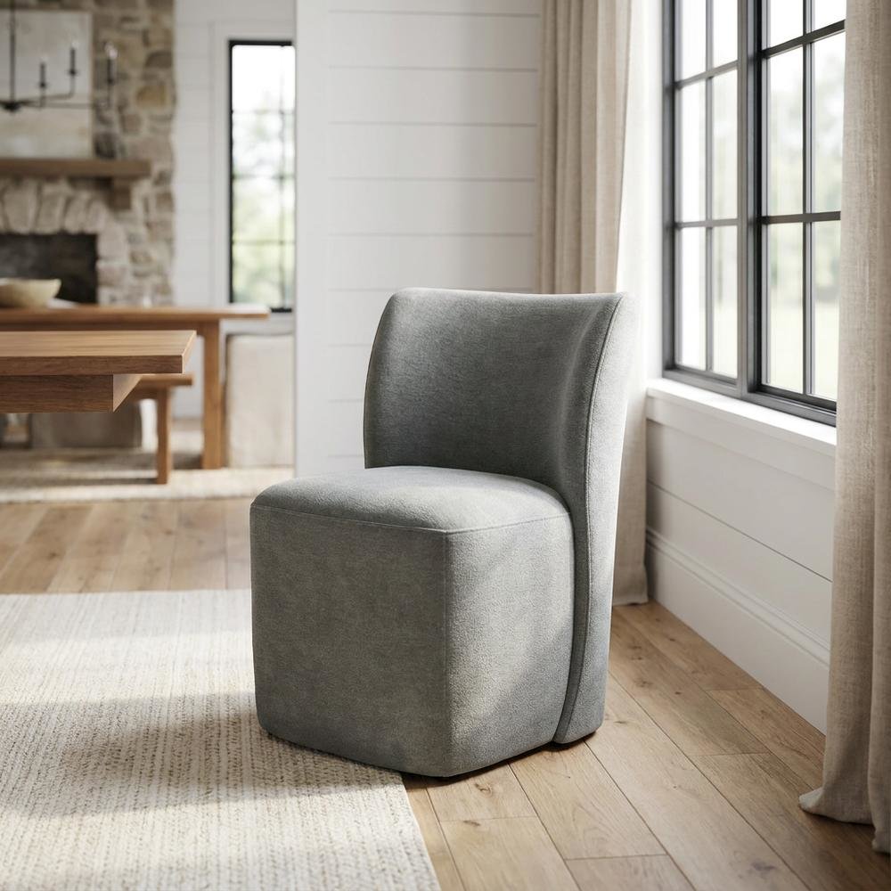 Solid Wood Upholstered Accent Dining Chair with Castors, Eclectic Style, Gray
