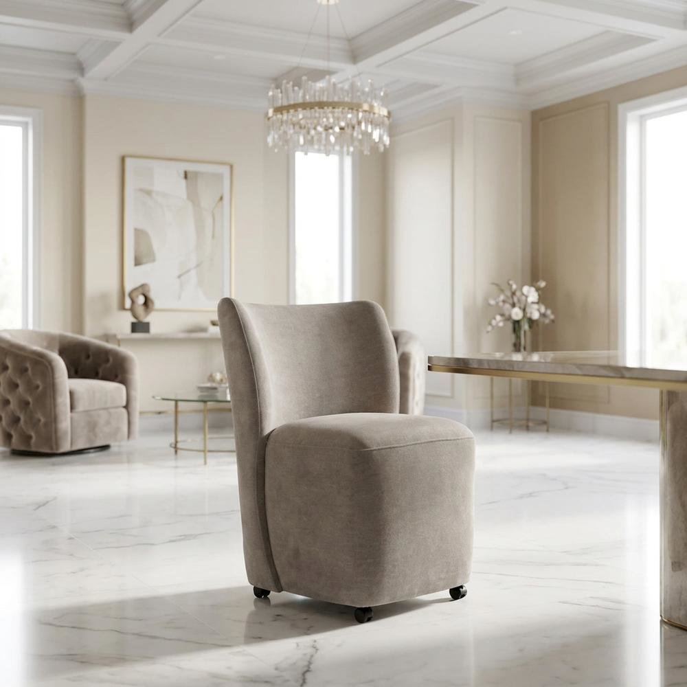 Solid Wood Upholstered Accent Dining Chair with Castors, Eclectic Style