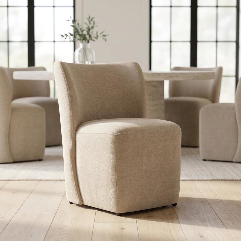 Solid Wood Upholstered Accent Dining Chair with Castors, Eclectic Style, Brown