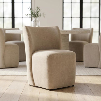 Solid Wood Upholstered Accent Dining Chair with Castors, Eclectic Style, Brown