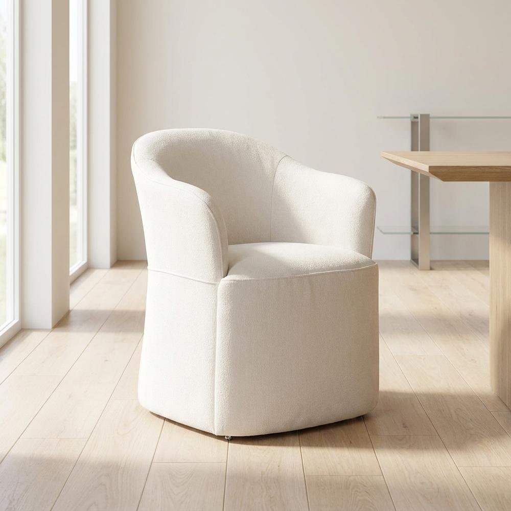Solid Wood Upholstered Accent Dining Chair with Castors, Eclectic Style, White