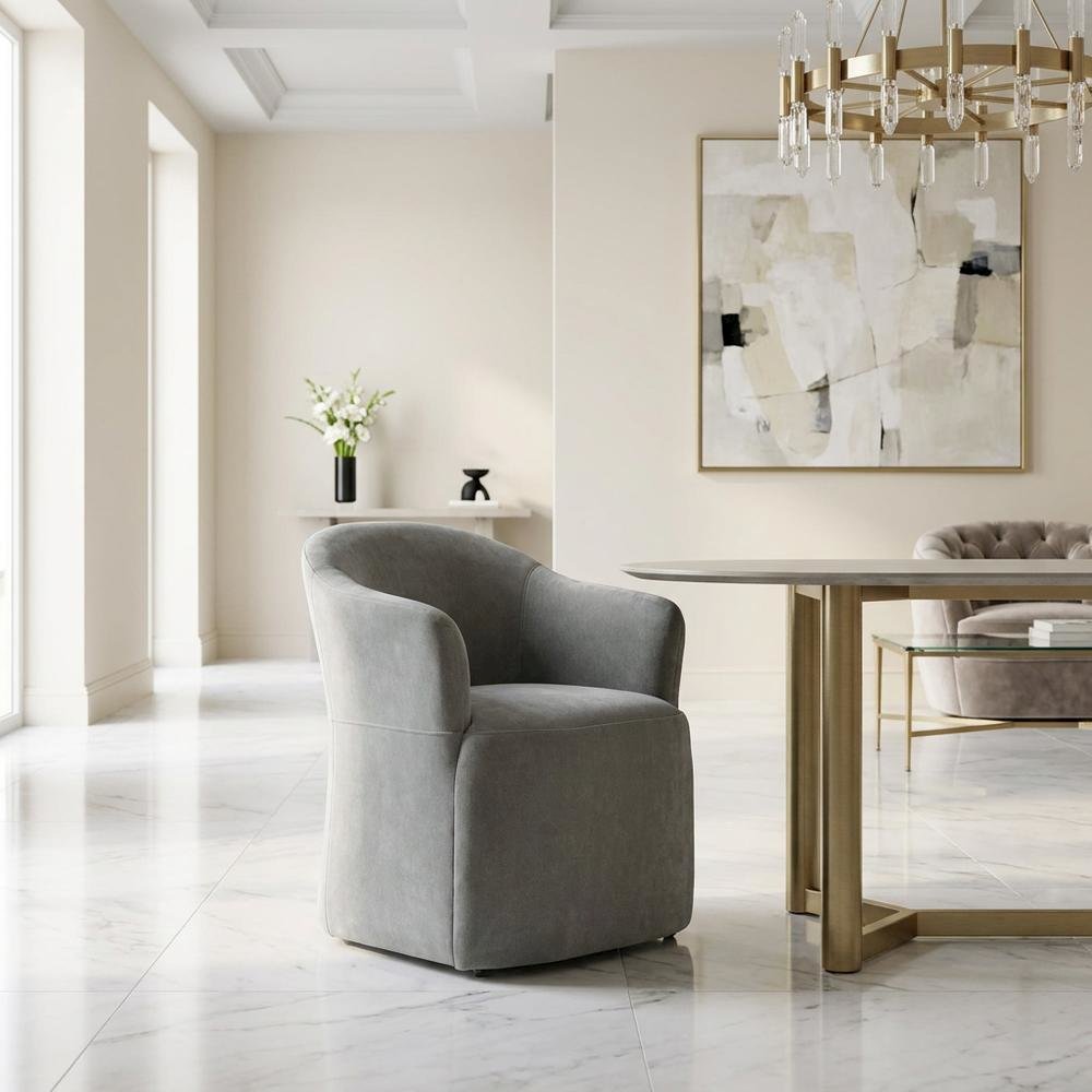 Solid Wood Upholstered Accent Dining Chair with Castors, Eclectic Style, Gray