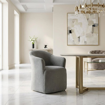 Solid Wood Upholstered Accent Dining Chair with Castors, Eclectic Style, Gray