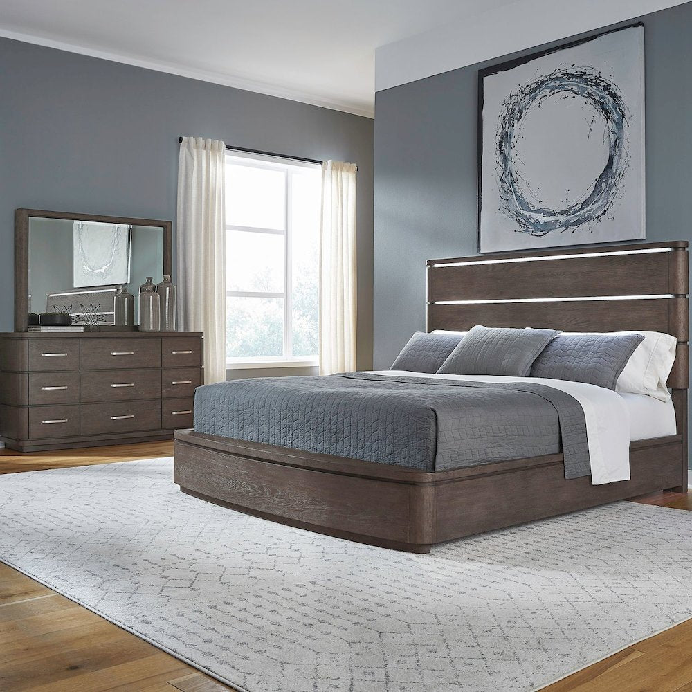 King Panel Bed with LED Touch Light, Dresser & Mirror  - Satin Espresso