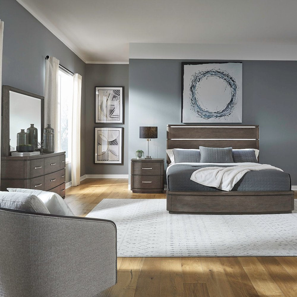 King Panel Bed with LED Touch Light, Dresser & Mirror, Night Stand
