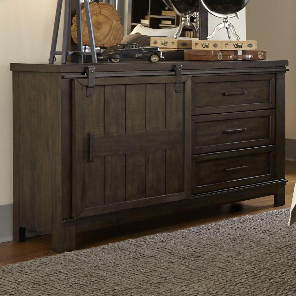 Thornwood Hills Barn Door Dresser in Rock Beaten Brown w/ Saw Cuts