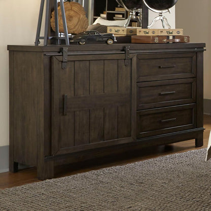 Thornwood Hills Barn Door Dresser in Rock Beaten Brown w/ Saw Cuts