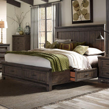 Thornwood Hills King Two Sided Storage Bed in Rock Beaten Brown w/ Saw Cuts